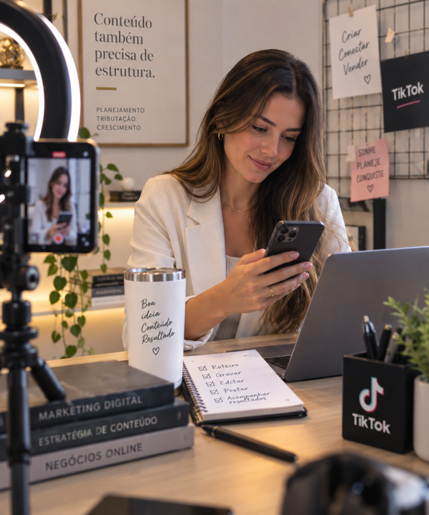 Criadora de conteúdo trabalhando com TikTok em ambiente de produção digital